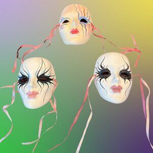 🎭  SET OF 3 Vintage Hand-Painted Mardi Gras Masks – Signed Ceramic Wall Art